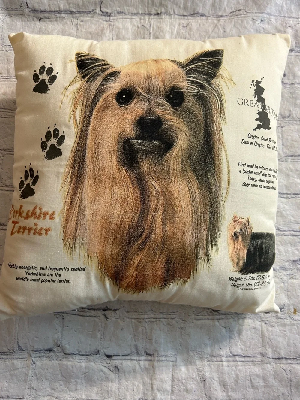 THE WILDSIDE YORKSHIRE TERRIER INFORMATIONAL CREAM/BROWN THROW PILLOW